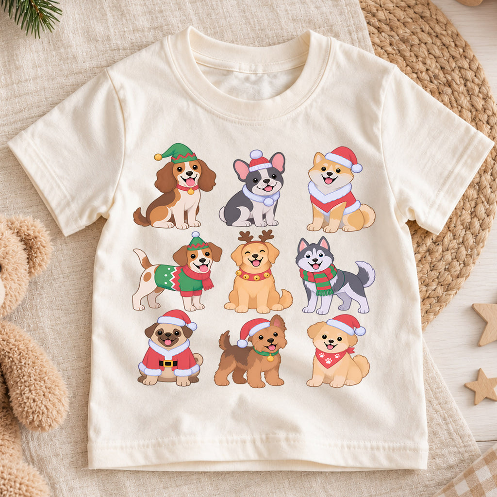 Cute Christmas Dogs Grid Shirt, Retro Holiday Puppy Postage Tee, Festive Winter Animals Kids Top, Cute Dog Christmas Outfit, Gift For Kids — product view 1