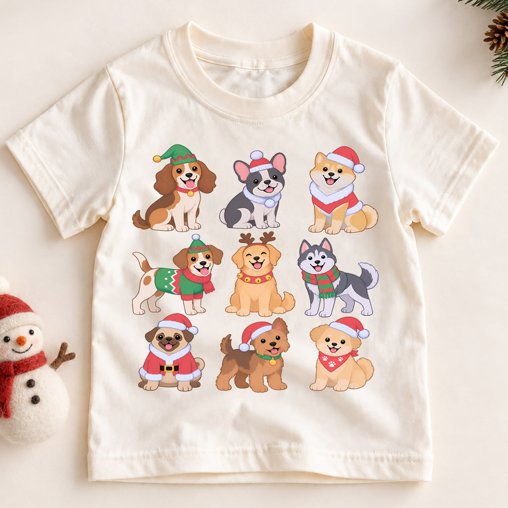 Cute Christmas Dogs Grid Shirt, Retro Holiday Puppy Postage Tee, Festive Winter Animals Kids Top, Cute Dog Christmas Outfit, Gift For Kids — product view 2