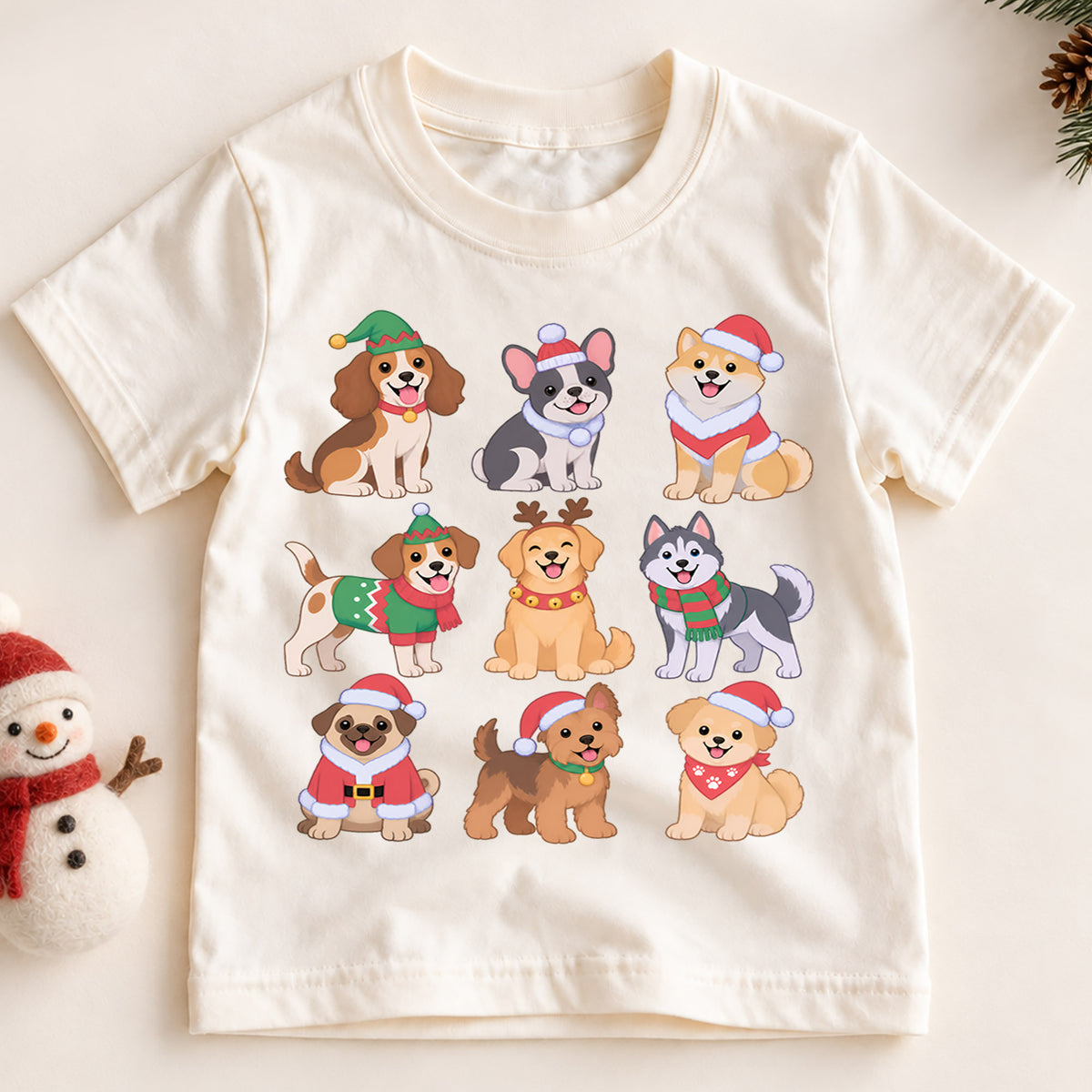 Cute Christmas Dogs Grid Shirt, Retro Holiday Puppy Postage Tee, Festive Winter Animals Kids Top, Cute Dog Christmas Outfit, Gift For Kids — product view 2