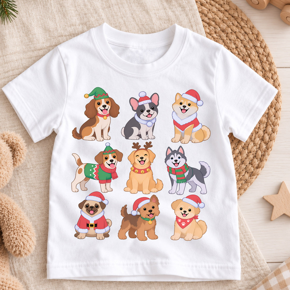 Cute Christmas Dogs Grid Shirt, Retro Holiday Puppy Postage Tee, Festive Winter Animals Kids Top, Cute Dog Christmas Outfit, Gift For Kids — product view 3
