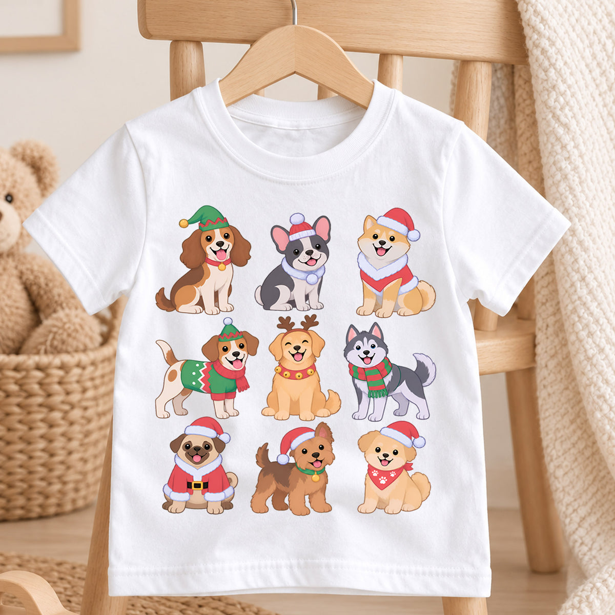 Cute Christmas Dogs Grid Shirt, Retro Holiday Puppy Postage Tee, Festive Winter Animals Kids Top, Cute Dog Christmas Outfit, Gift For Kids — product view 4