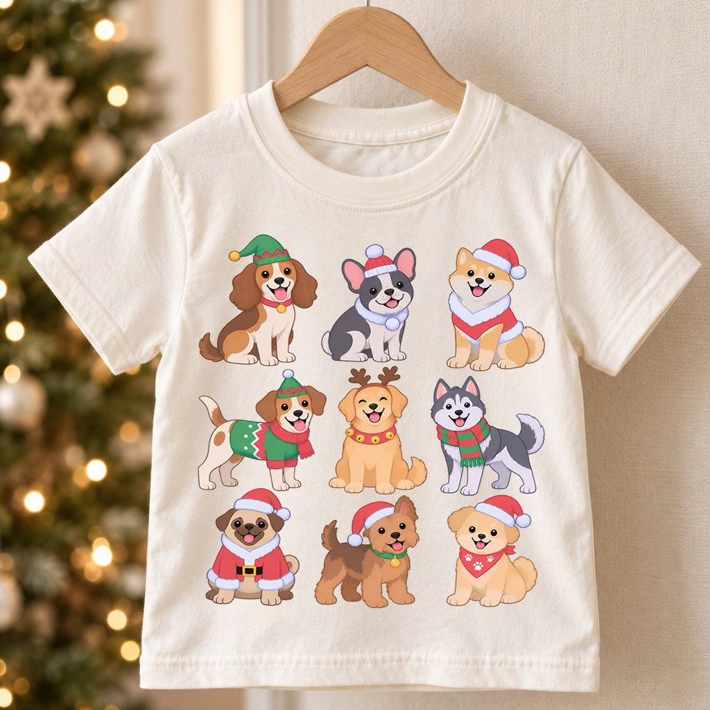 Cute Christmas Dogs Grid Shirt, Retro Holiday Puppy Postage Tee, Festive Winter Animals Kids Top, Cute Dog Christmas Outfit, Gift For Kids — product view 5