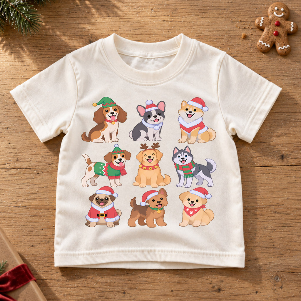 Cute Christmas Dogs Grid Shirt, Retro Holiday Puppy Postage Tee, Festive Winter Animals Kids Top, Cute Dog Christmas Outfit, Gift For Kids — product view 6