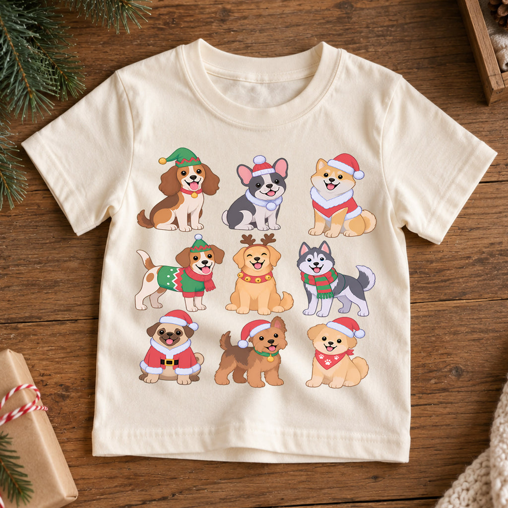 Cute Christmas Dogs Grid Shirt, Retro Holiday Puppy Postage Tee, Festive Winter Animals Kids Top, Cute Dog Christmas Outfit, Gift For Kids — product view 7