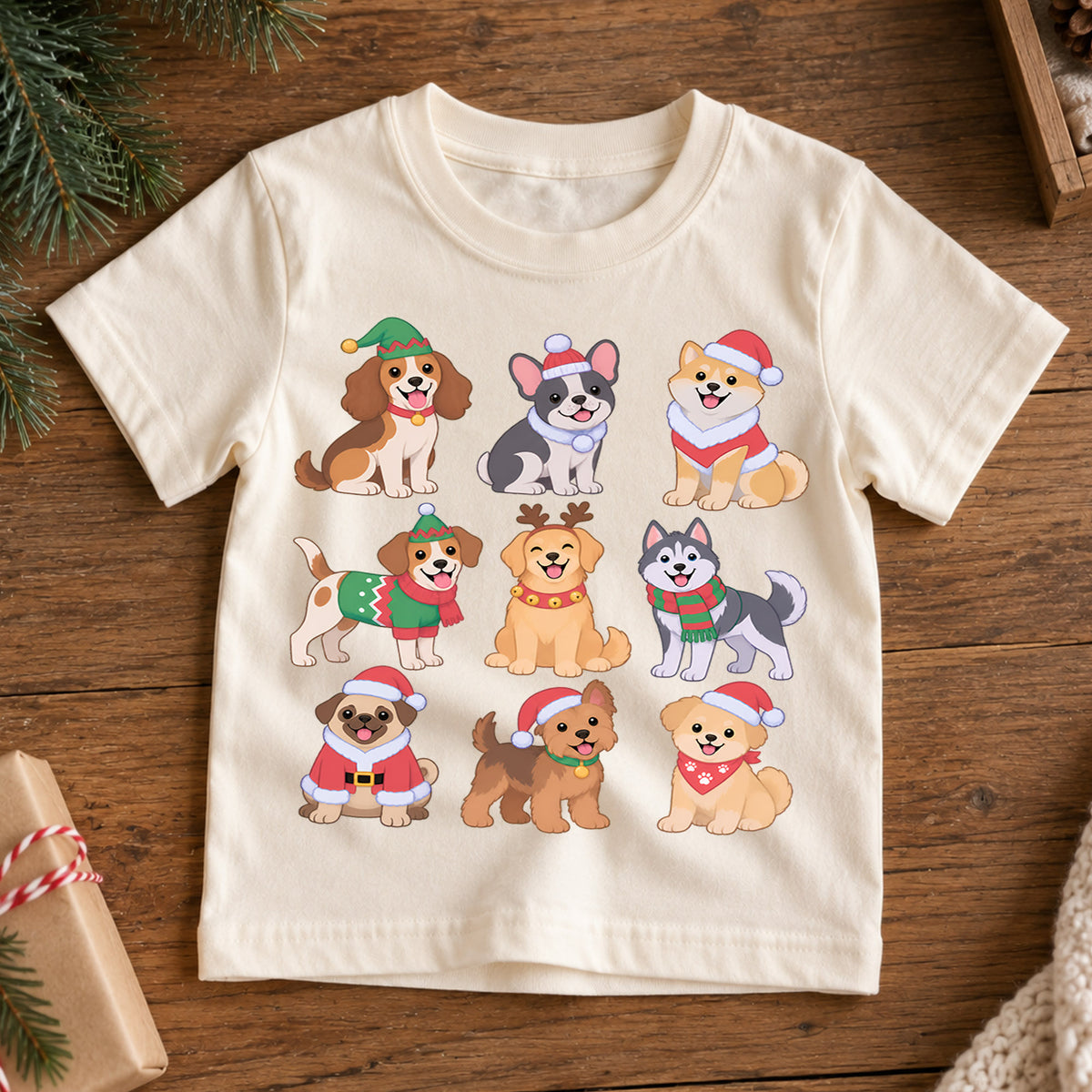Cute Christmas Dogs Grid Shirt, Retro Holiday Puppy Postage Tee, Festive Winter Animals Kids Top, Cute Dog Christmas Outfit, Gift For Kids — product view 7