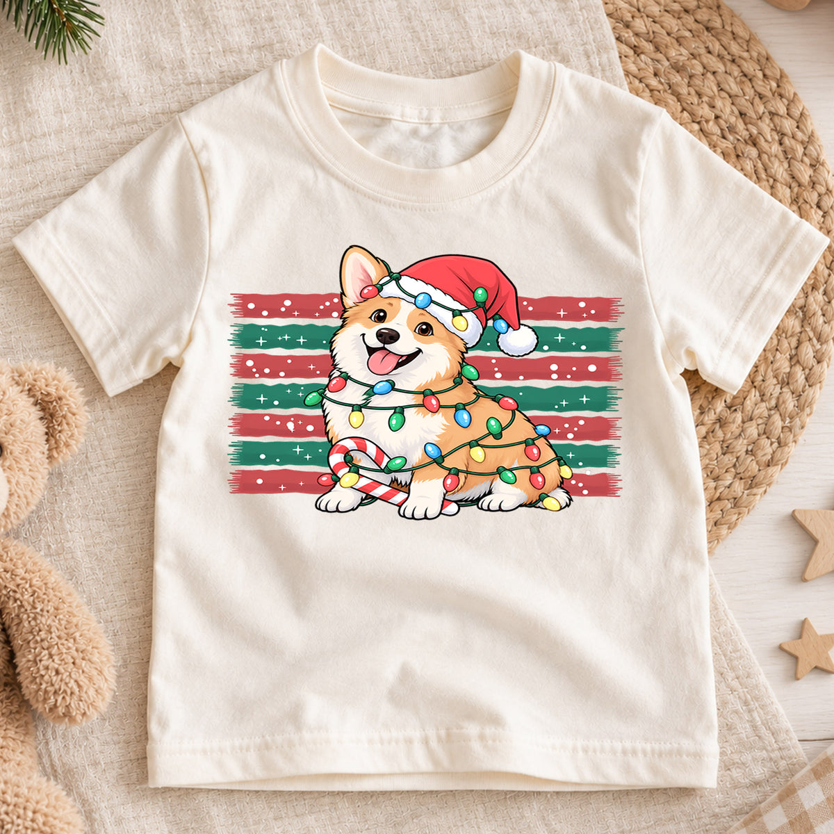 Cute Corgi Christmas Shirt, Holiday Lights Dog Tee, Festive Winter Corgi Kids Top, Cute Puppy Christmas Holiday Outfit, Gift For Children — product view 1