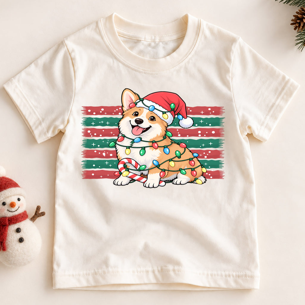 Cute Corgi Christmas Shirt, Holiday Lights Dog Tee, Festive Winter Corgi Kids Top, Cute Puppy Christmas Holiday Outfit, Gift For Children — product view 2