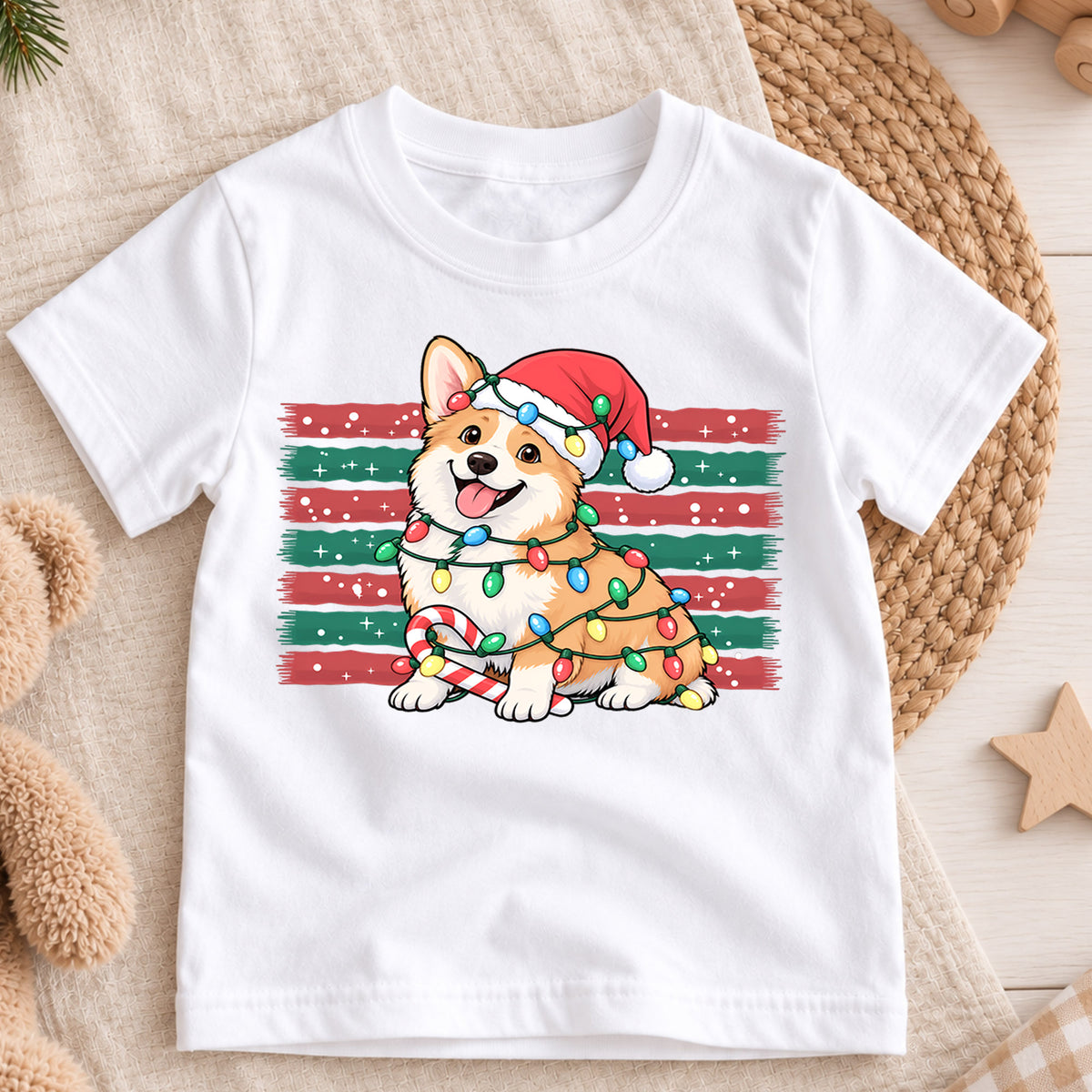 Cute Corgi Christmas Shirt, Holiday Lights Dog Tee, Festive Winter Corgi Kids Top, Cute Puppy Christmas Holiday Outfit, Gift For Children — product view 3