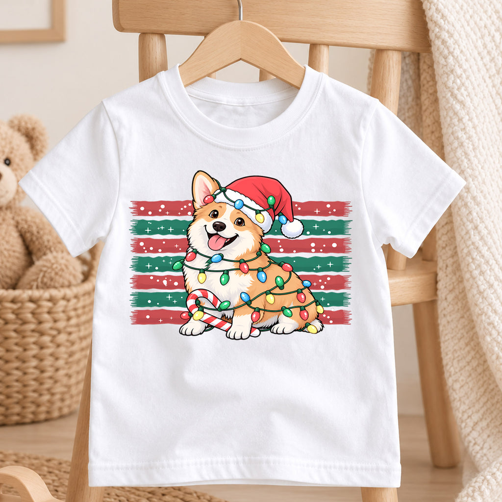 Cute Corgi Christmas Shirt, Holiday Lights Dog Tee, Festive Winter Corgi Kids Top, Cute Puppy Christmas Holiday Outfit, Gift For Children — product view 4