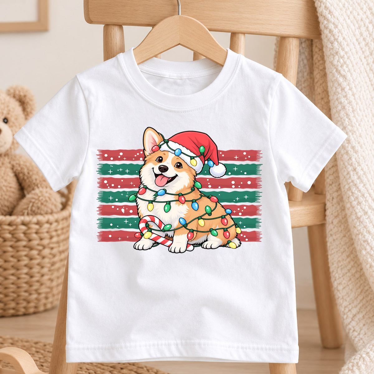 Cute Corgi Christmas Shirt, Holiday Lights Dog Tee, Festive Winter Corgi Kids Top, Cute Puppy Christmas Holiday Outfit, Gift For Children — product view 4