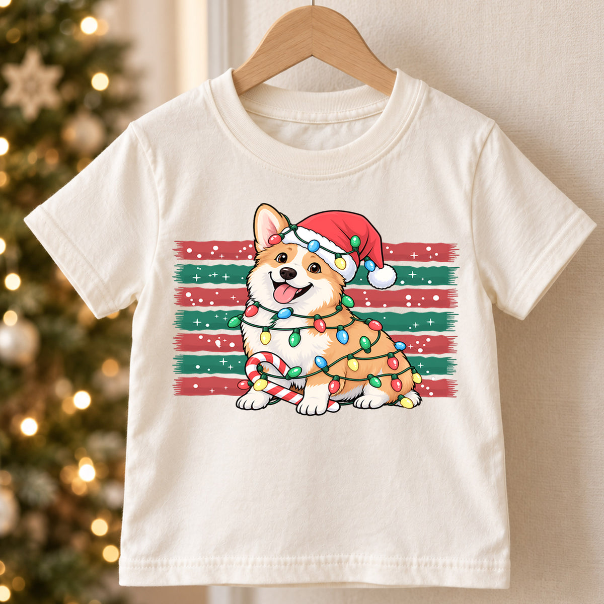 Cute Corgi Christmas Shirt, Holiday Lights Dog Tee, Festive Winter Corgi Kids Top, Cute Puppy Christmas Holiday Outfit, Gift For Children — product view 5