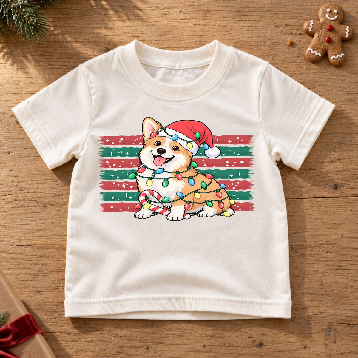 Cute Corgi Christmas Shirt, Holiday Lights Dog Tee, Festive Winter Corgi Kids Top, Cute Puppy Christmas Holiday Outfit, Gift For Children — product view 6