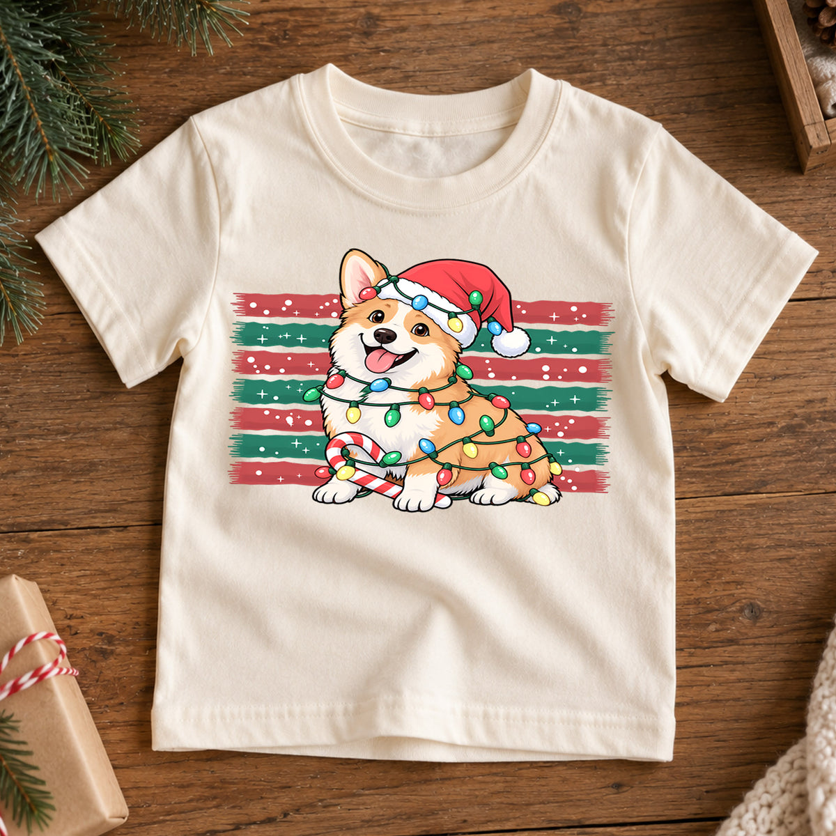 Cute Corgi Christmas Shirt, Holiday Lights Dog Tee, Festive Winter Corgi Kids Top, Cute Puppy Christmas Holiday Outfit, Gift For Children — product view 7
