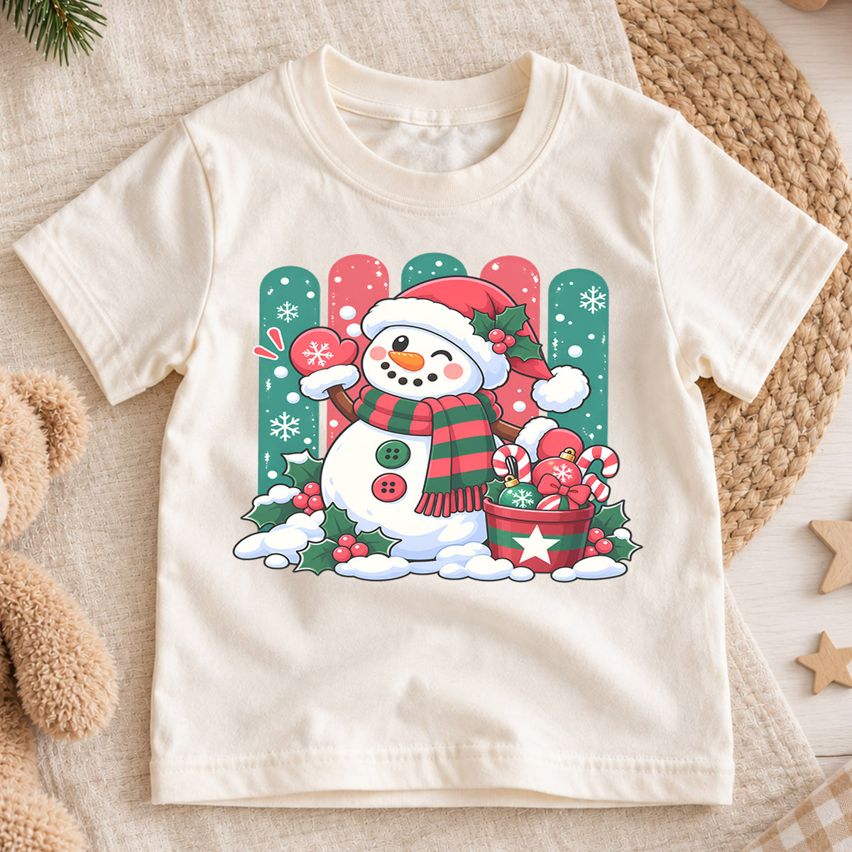 Cute Snowman Christmas Kids T-Shirt, Santa Hat Snowman with Candy Canes, Festive Winter Holiday Shirt, Toddler Xmas Gift — product view 1