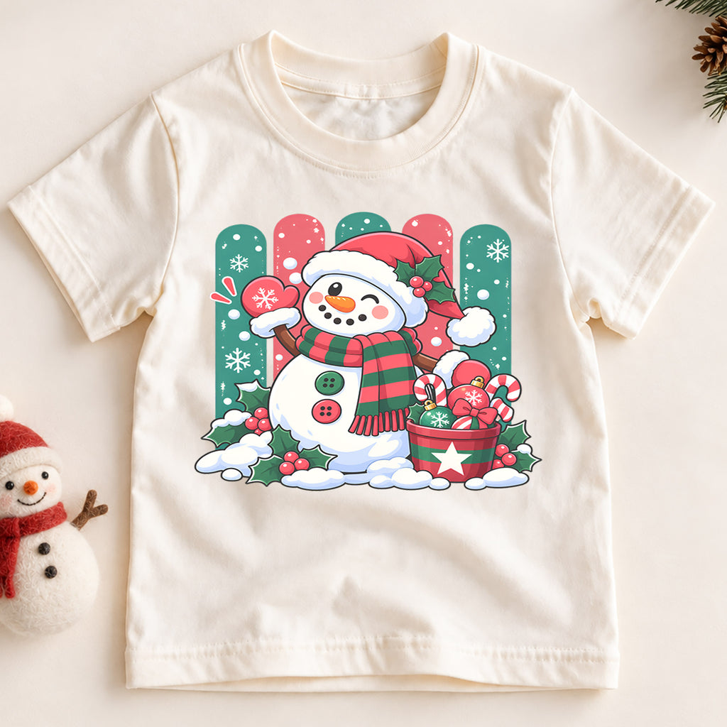 Cute Snowman Christmas Kids T-Shirt, Santa Hat Snowman with Candy Canes, Festive Winter Holiday Shirt, Toddler Xmas Gift — product view 2