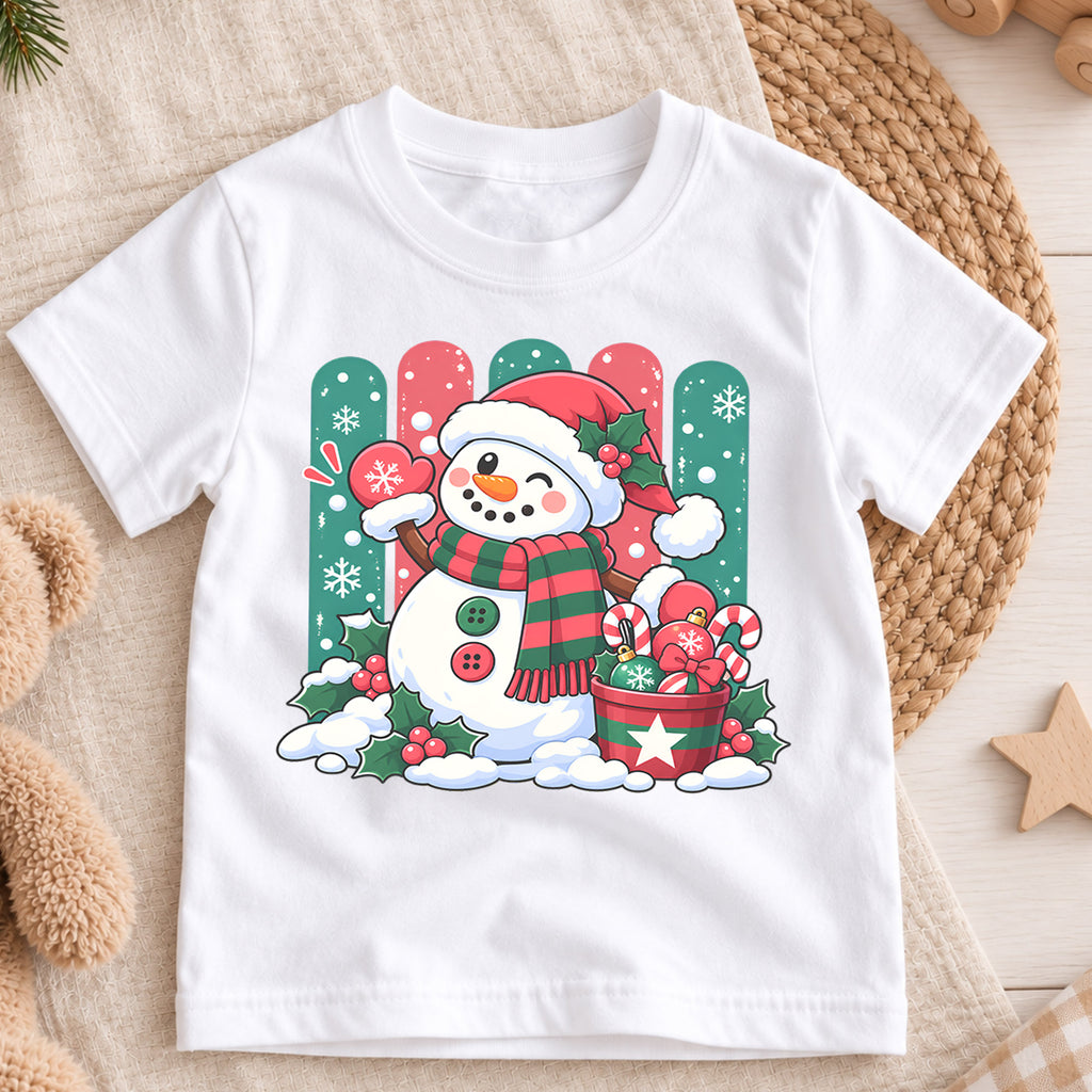 Cute Snowman Christmas Kids T-Shirt, Santa Hat Snowman with Candy Canes, Festive Winter Holiday Shirt, Toddler Xmas Gift — product view 3