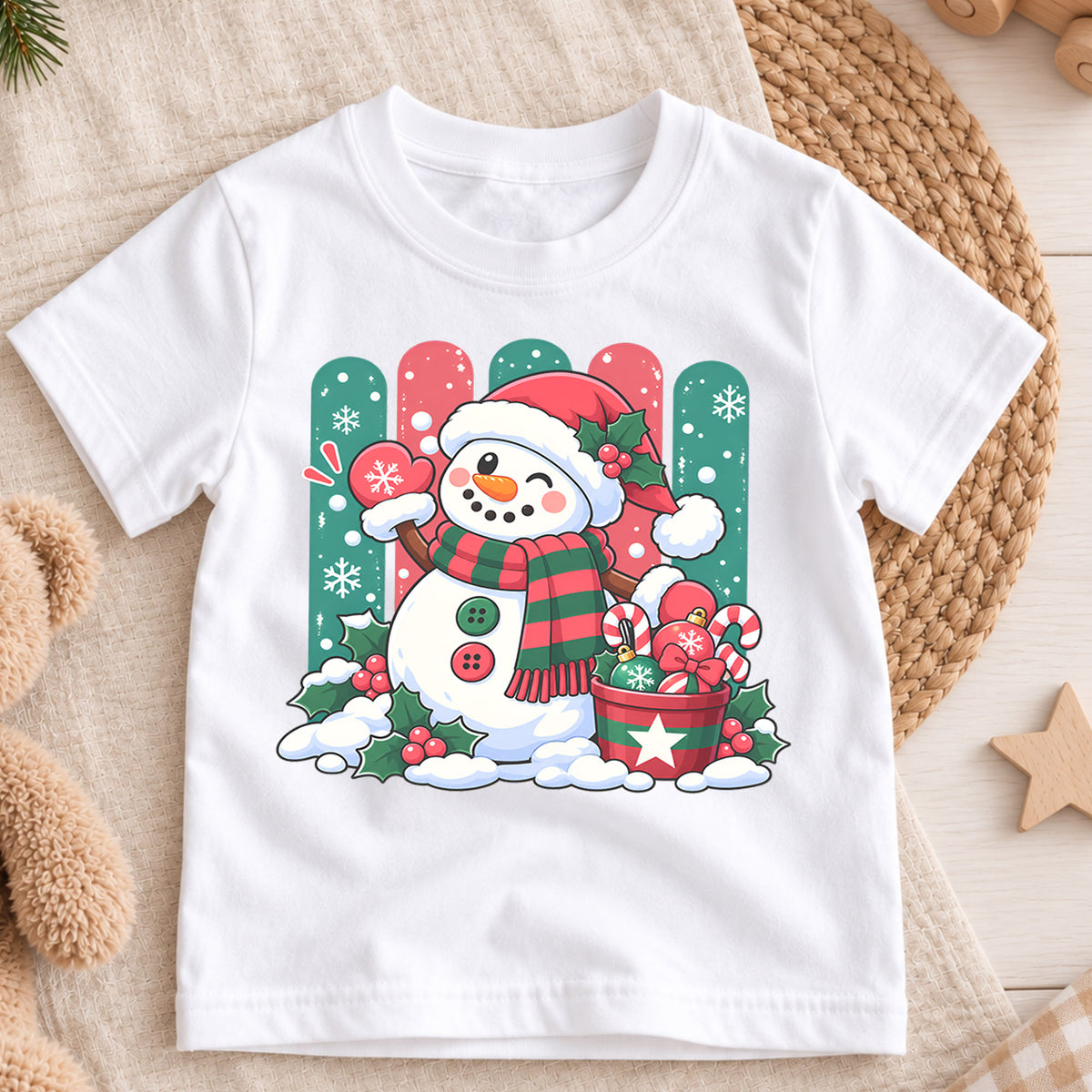 Cute Snowman Christmas Kids T-Shirt, Santa Hat Snowman with Candy Canes, Festive Winter Holiday Shirt, Toddler Xmas Gift — product view 3