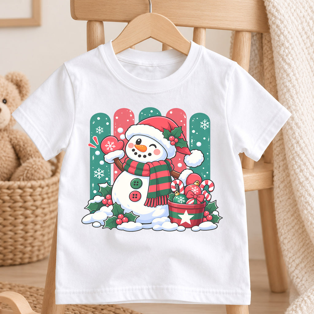 Cute Snowman Christmas Kids T-Shirt, Santa Hat Snowman with Candy Canes, Festive Winter Holiday Shirt, Toddler Xmas Gift — product view 4