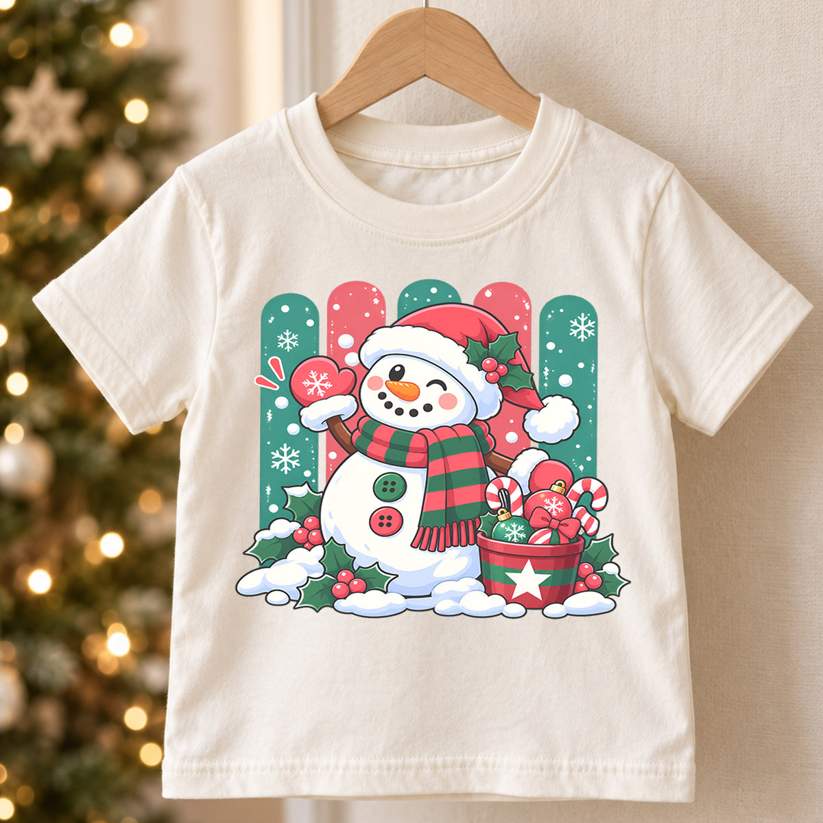 Cute Snowman Christmas Kids T-Shirt, Santa Hat Snowman with Candy Canes, Festive Winter Holiday Shirt, Toddler Xmas Gift — product view 5