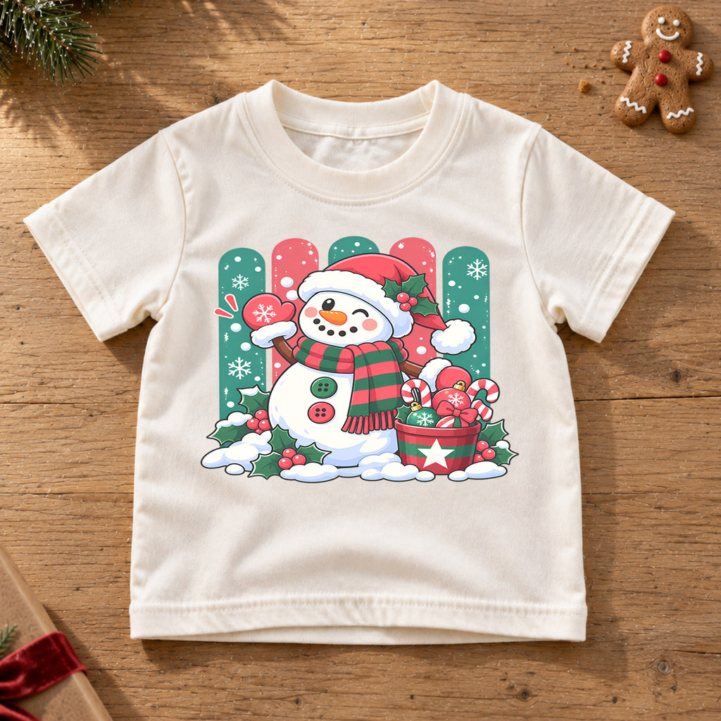 Cute Snowman Christmas Kids T-Shirt, Santa Hat Snowman with Candy Canes, Festive Winter Holiday Shirt, Toddler Xmas Gift — product view 6