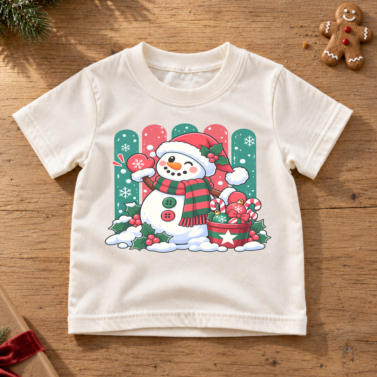 Cute Snowman Christmas Kids T-Shirt, Santa Hat Snowman with Candy Canes, Festive Winter Holiday Shirt, Toddler Xmas Gift — product view 6