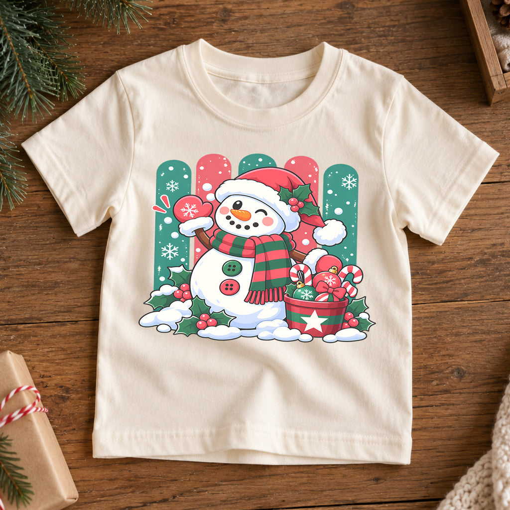 Cute Snowman Christmas Kids T-Shirt, Santa Hat Snowman with Candy Canes, Festive Winter Holiday Shirt, Toddler Xmas Gift — product view 7