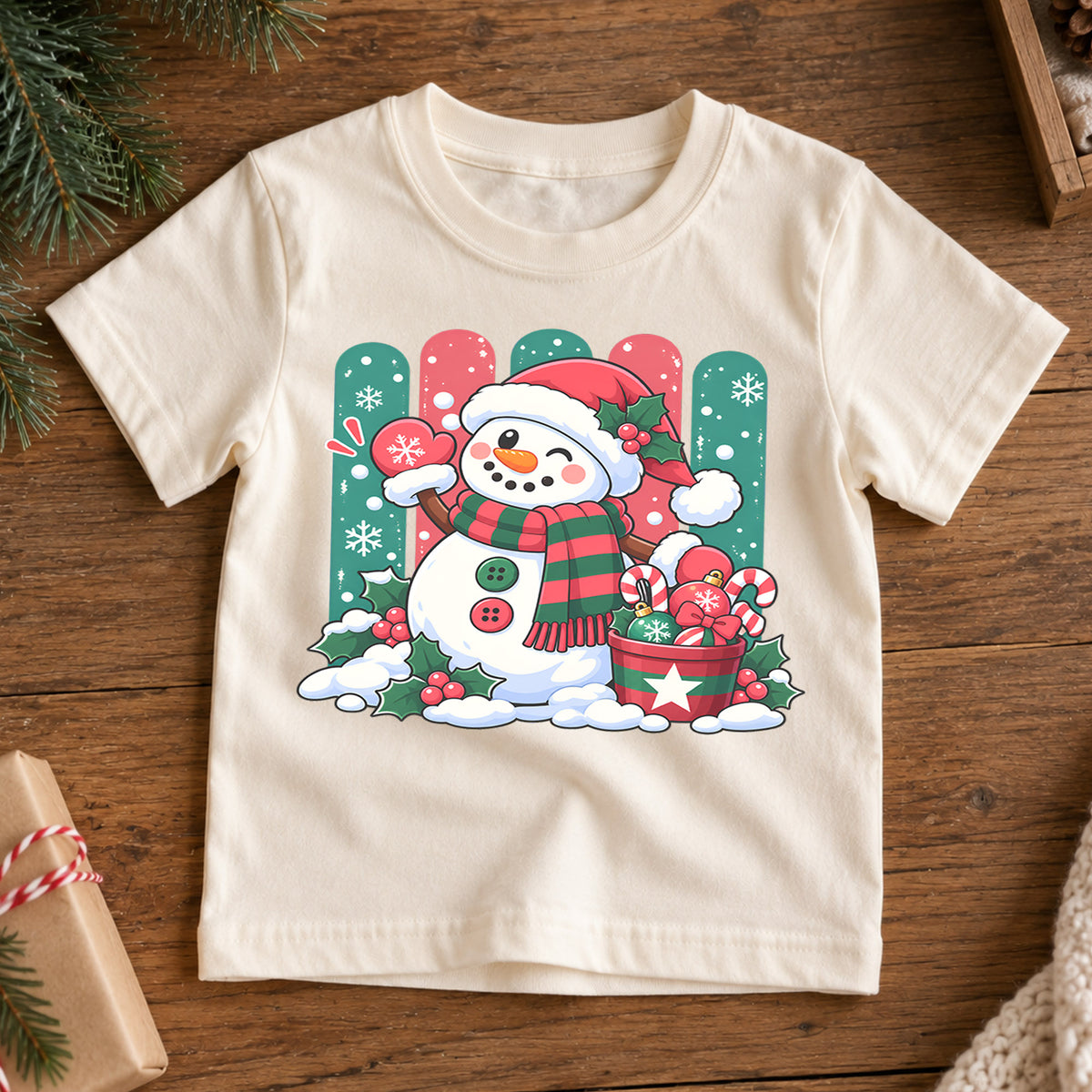 Cute Snowman Christmas Kids T-Shirt, Santa Hat Snowman with Candy Canes, Festive Winter Holiday Shirt, Toddler Xmas Gift — product view 7