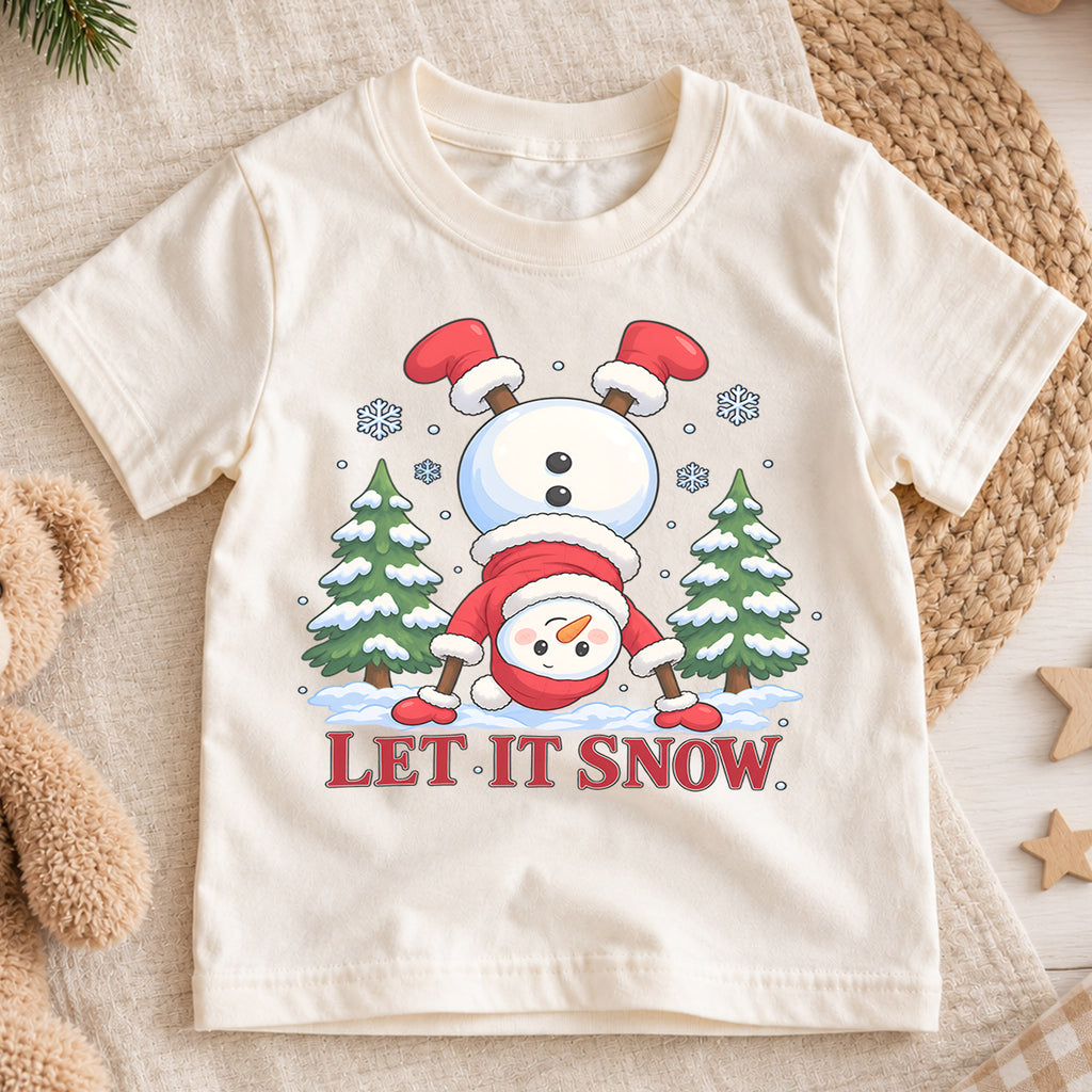 Funny Let It Snow Shirt, Handstand Snowman Kids T-Shirt, Cute Winter Toddler Tee, Upside Down Snowman Graphic Top, Holiday Christmas Gift — product view 1