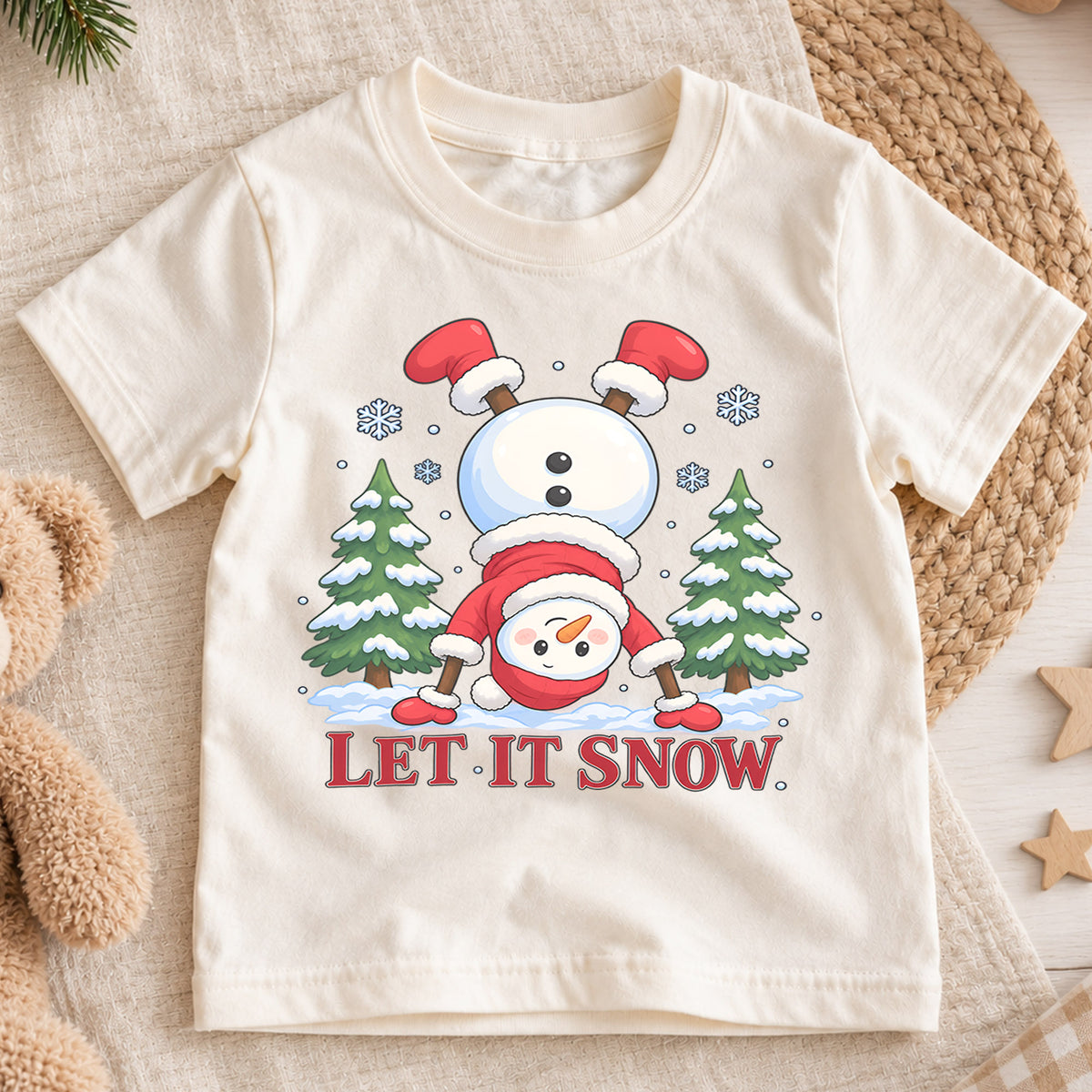 Funny Let It Snow Shirt, Handstand Snowman Kids T-Shirt, Cute Winter Toddler Tee, Upside Down Snowman Graphic Top, Holiday Christmas Gift — product view 1