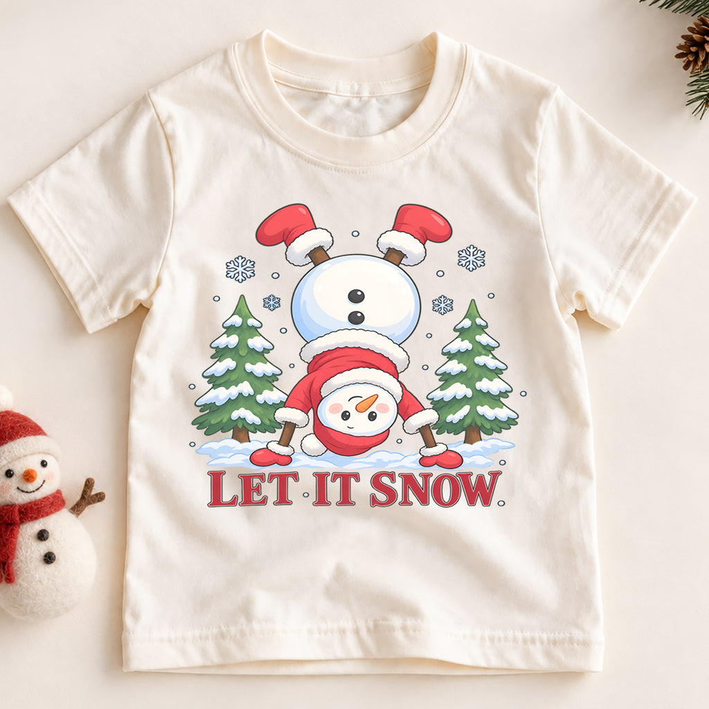 Funny Let It Snow Shirt, Handstand Snowman Kids T-Shirt, Cute Winter Toddler Tee, Upside Down Snowman Graphic Top, Holiday Christmas Gift — product view 2