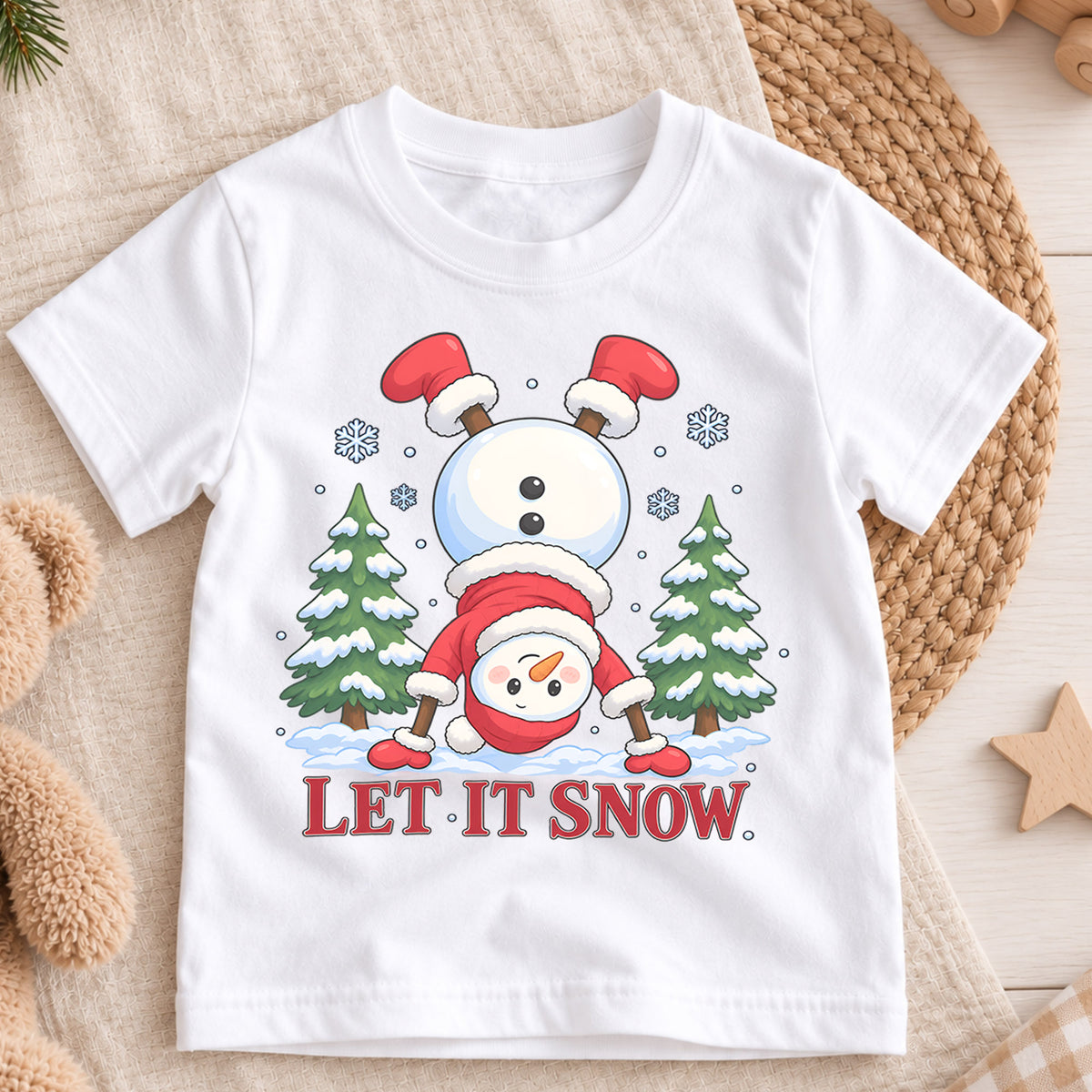 Funny Let It Snow Shirt, Handstand Snowman Kids T-Shirt, Cute Winter Toddler Tee, Upside Down Snowman Graphic Top, Holiday Christmas Gift — product view 3
