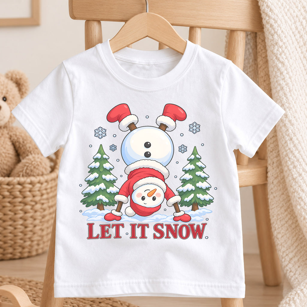 Funny Let It Snow Shirt, Handstand Snowman Kids T-Shirt, Cute Winter Toddler Tee, Upside Down Snowman Graphic Top, Holiday Christmas Gift — product view 4