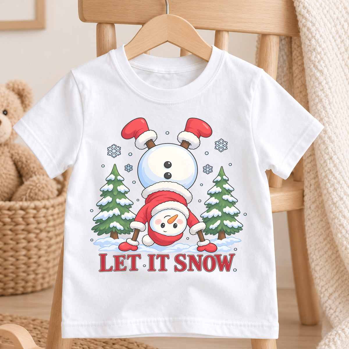 Funny Let It Snow Shirt, Handstand Snowman Kids T-Shirt, Cute Winter Toddler Tee, Upside Down Snowman Graphic Top, Holiday Christmas Gift — product view 4