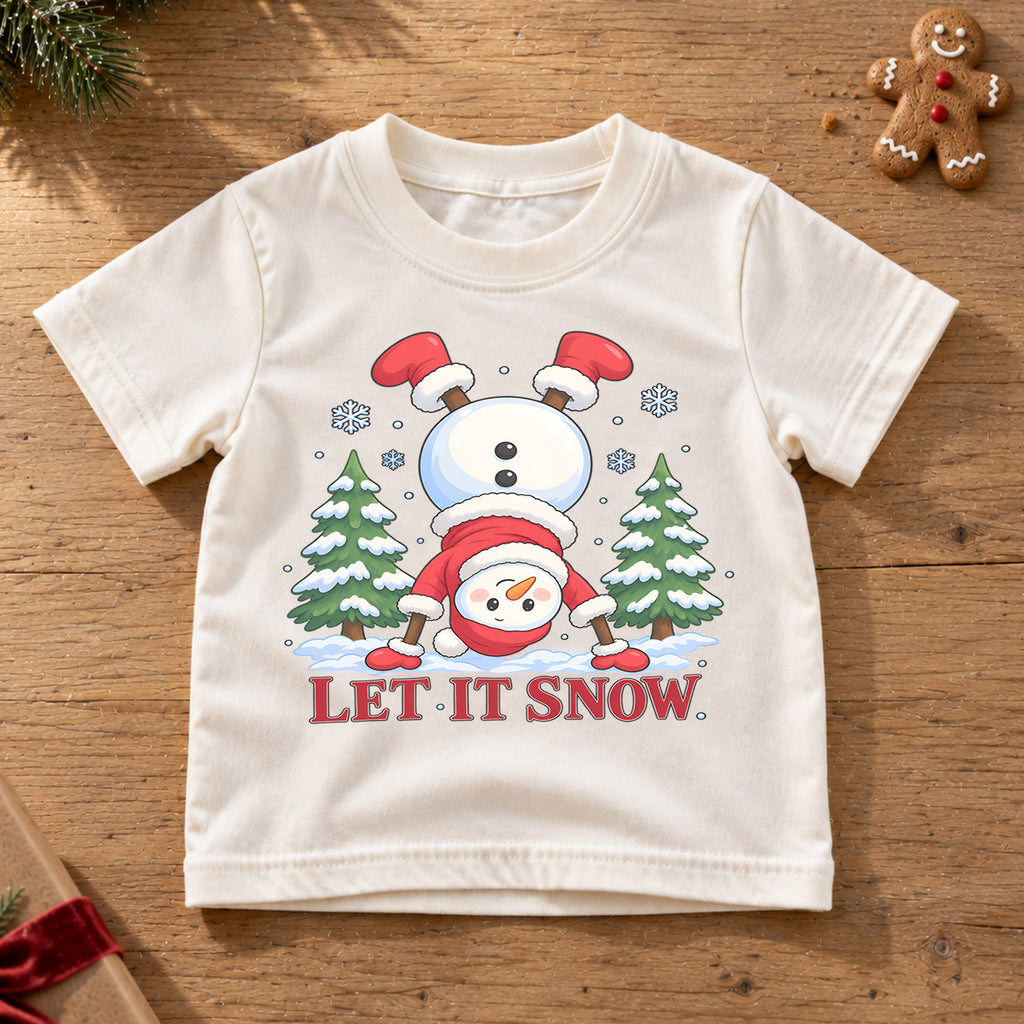 Funny Let It Snow Shirt, Handstand Snowman Kids T-Shirt, Cute Winter Toddler Tee, Upside Down Snowman Graphic Top, Holiday Christmas Gift — product view 6