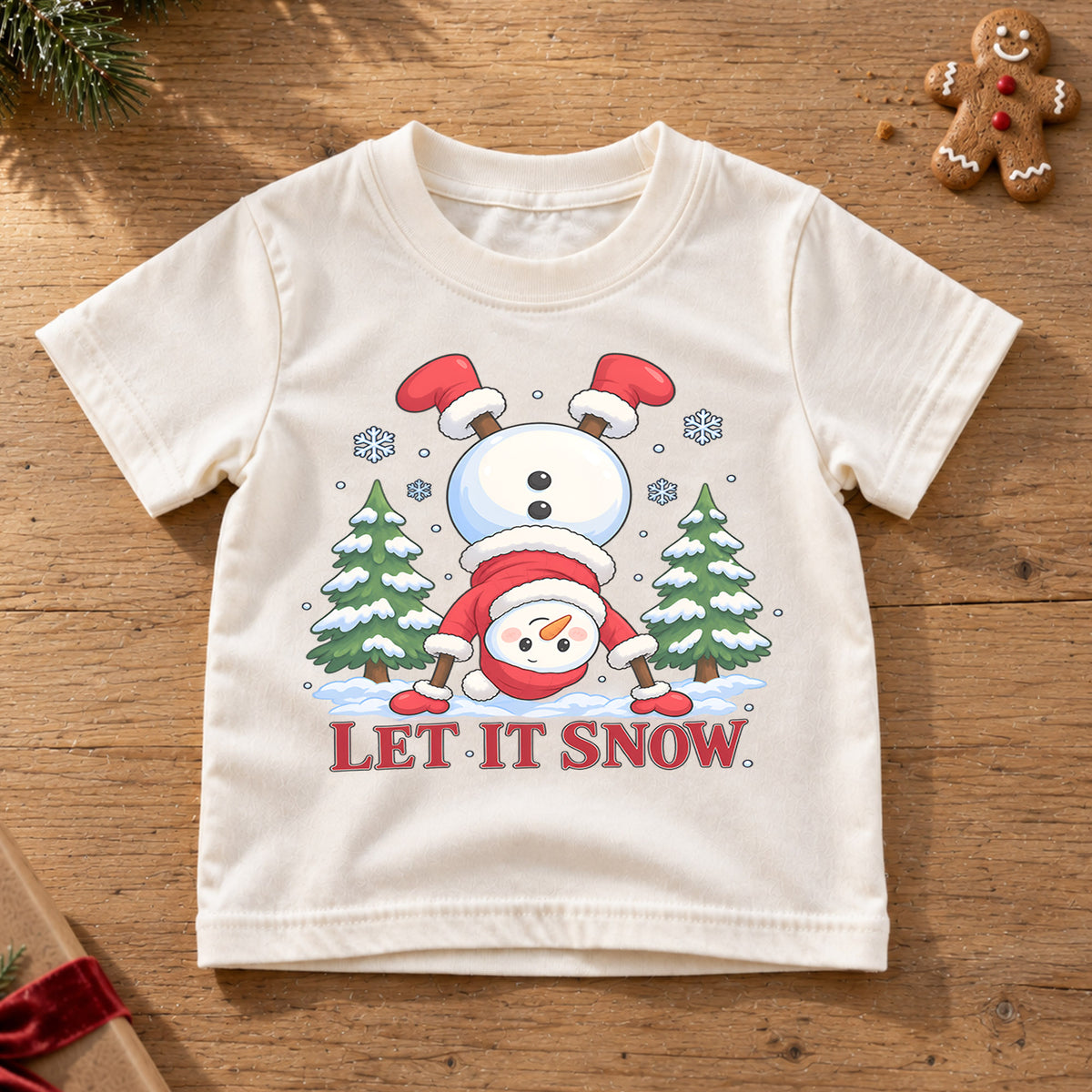 Funny Let It Snow Shirt, Handstand Snowman Kids T-Shirt, Cute Winter Toddler Tee, Upside Down Snowman Graphic Top, Holiday Christmas Gift — product view 6