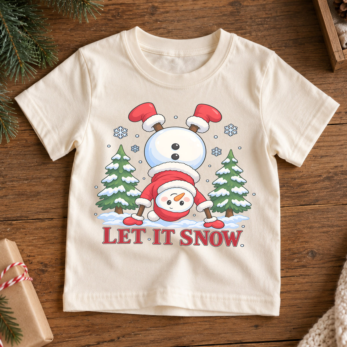 Funny Let It Snow Shirt, Handstand Snowman Kids T-Shirt, Cute Winter Toddler Tee, Upside Down Snowman Graphic Top, Holiday Christmas Gift — product view 7