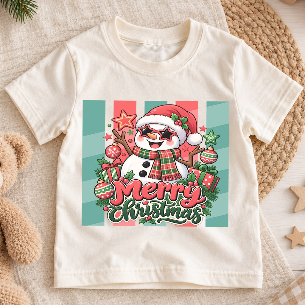 Cool Snowman Merry Christmas Shirt, Star Sunglasses Kids T-Shirt, Cute Retro Xmas Toddler Tee, Festive Winter Graphic Top, Holiday Kids Gift — product view 1