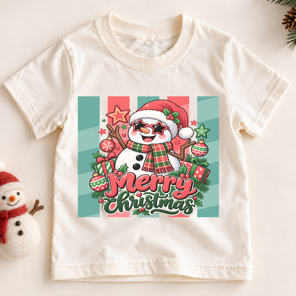 Cool Snowman Merry Christmas Shirt, Star Sunglasses Kids T-Shirt, Cute Retro Xmas Toddler Tee, Festive Winter Graphic Top, Holiday Kids Gift — product view 2