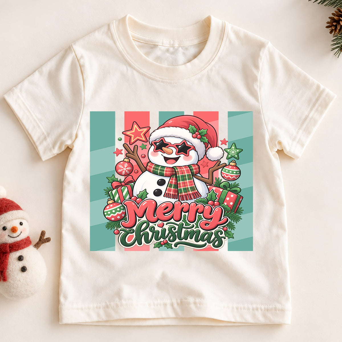 Cool Snowman Merry Christmas Shirt, Star Sunglasses Kids T-Shirt, Cute Retro Xmas Toddler Tee, Festive Winter Graphic Top, Holiday Kids Gift — product view 2