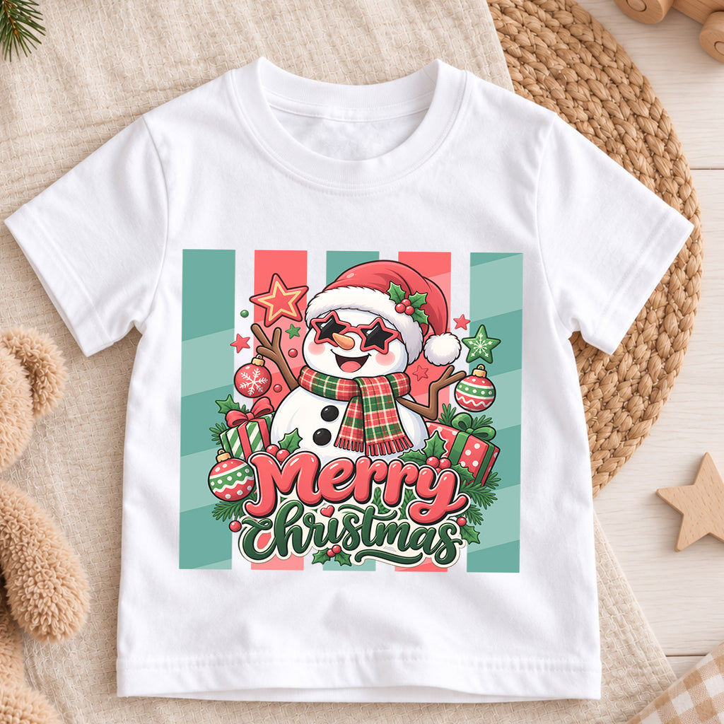 Cool Snowman Merry Christmas Shirt, Star Sunglasses Kids T-Shirt, Cute Retro Xmas Toddler Tee, Festive Winter Graphic Top, Holiday Kids Gift — product view 3