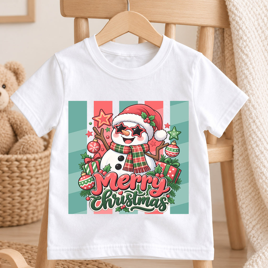 Cool Snowman Merry Christmas Shirt, Star Sunglasses Kids T-Shirt, Cute Retro Xmas Toddler Tee, Festive Winter Graphic Top, Holiday Kids Gift — product view 4
