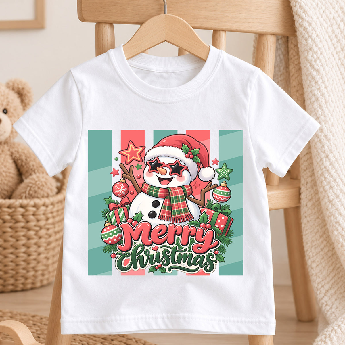 Cool Snowman Merry Christmas Shirt, Star Sunglasses Kids T-Shirt, Cute Retro Xmas Toddler Tee, Festive Winter Graphic Top, Holiday Kids Gift — product view 4