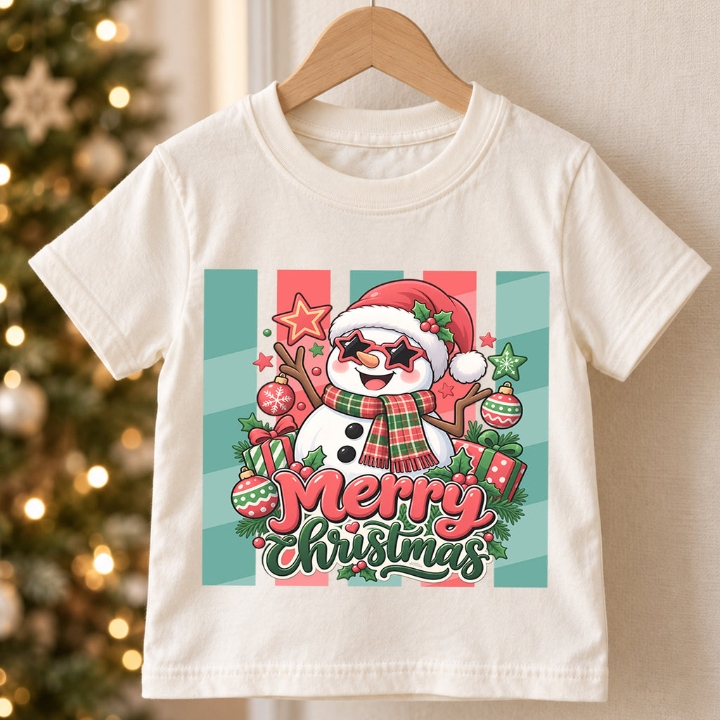 Cool Snowman Merry Christmas Shirt, Star Sunglasses Kids T-Shirt, Cute Retro Xmas Toddler Tee, Festive Winter Graphic Top, Holiday Kids Gift — product view 5