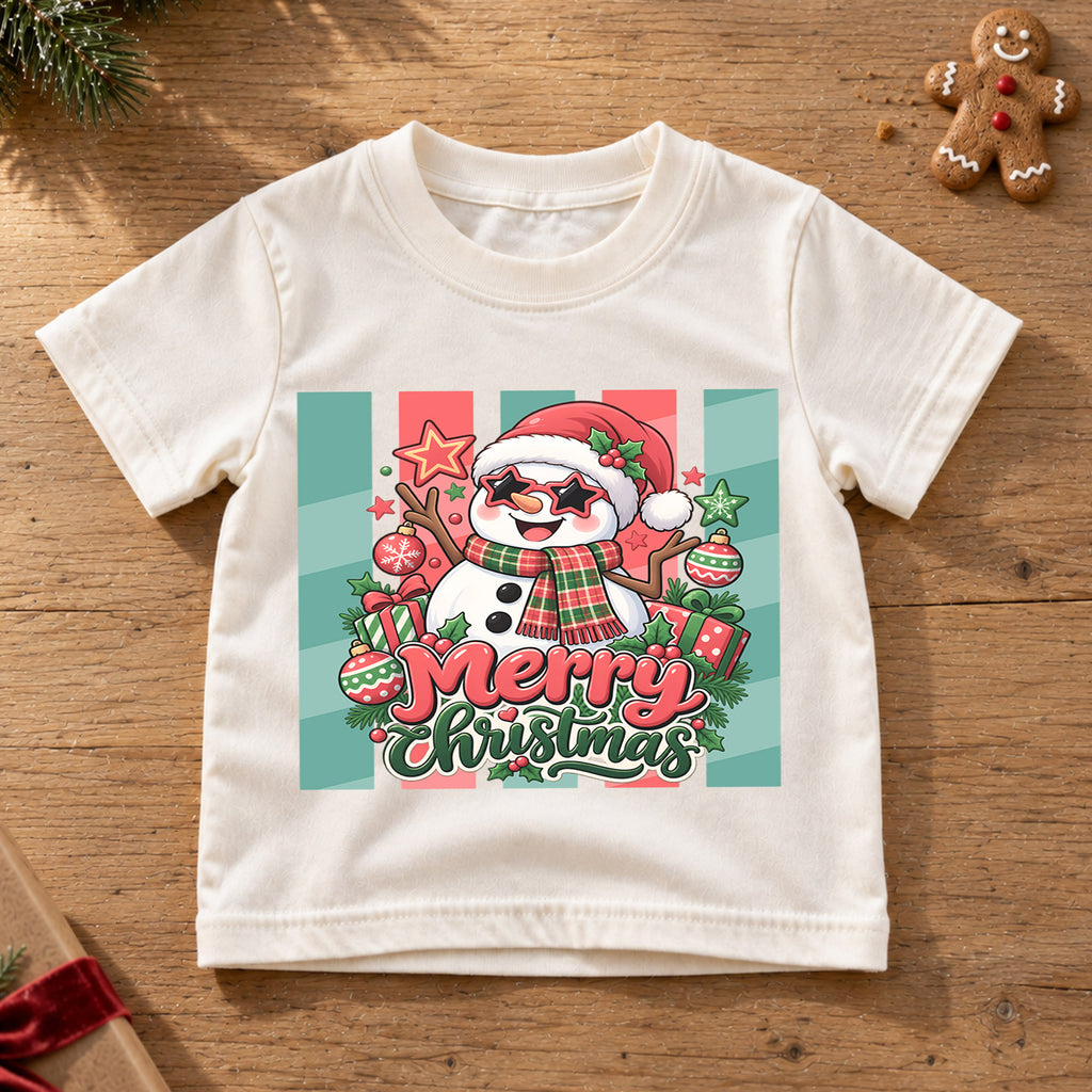Cool Snowman Merry Christmas Shirt, Star Sunglasses Kids T-Shirt, Cute Retro Xmas Toddler Tee, Festive Winter Graphic Top, Holiday Kids Gift — product view 6