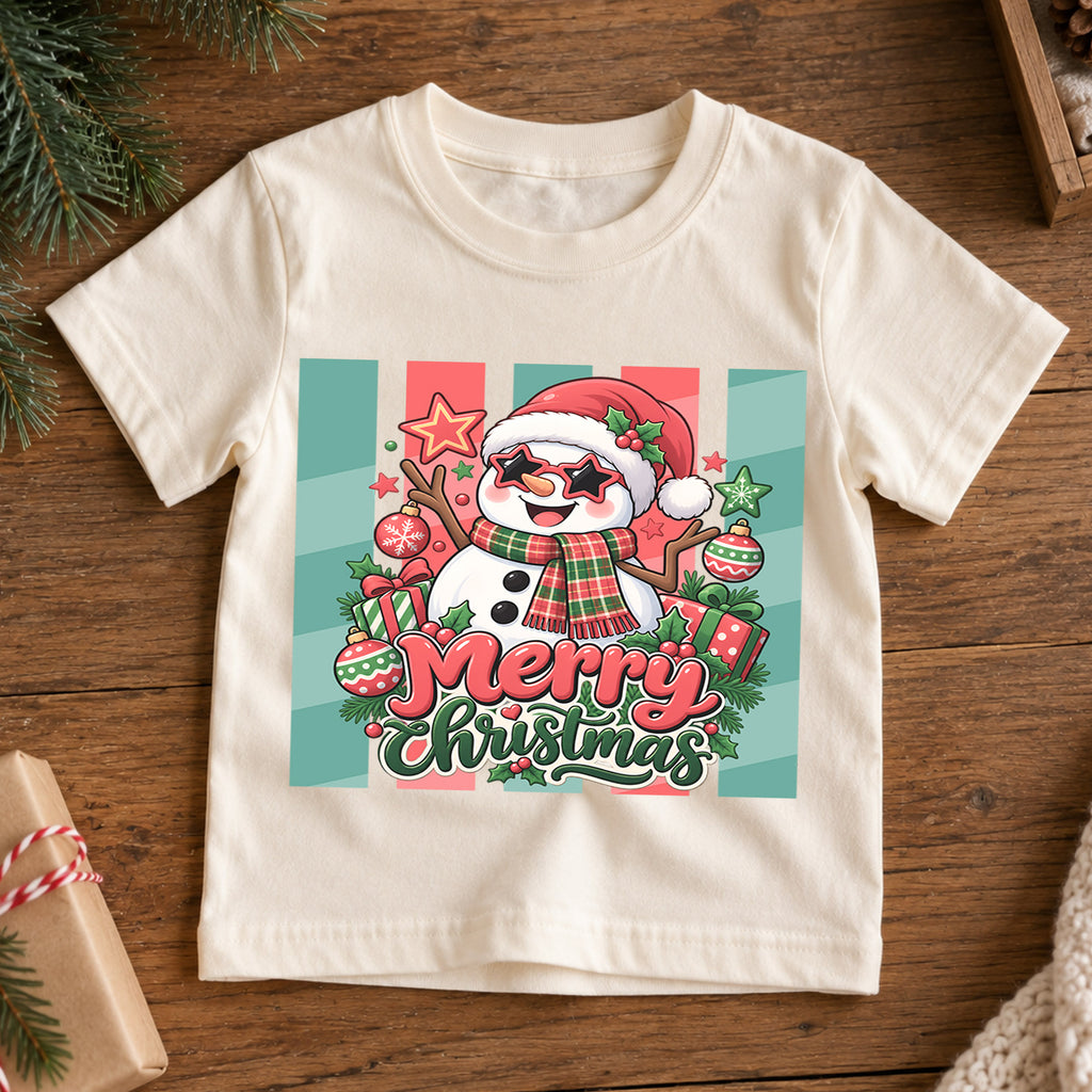 Cool Snowman Merry Christmas Shirt, Star Sunglasses Kids T-Shirt, Cute Retro Xmas Toddler Tee, Festive Winter Graphic Top, Holiday Kids Gift — product view 7