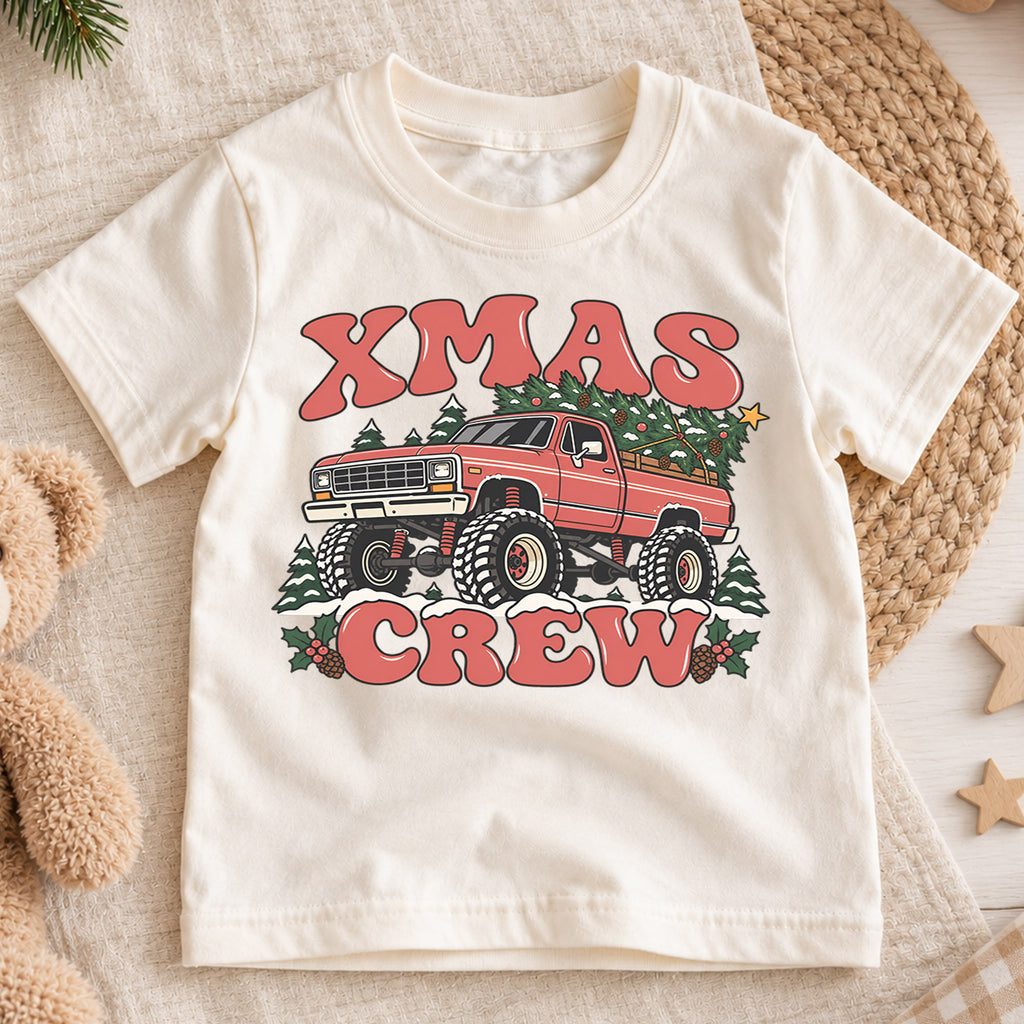 Retro Xmas Crew Shirt, Vintage Monster Truck Christmas T-Shirt, 4x4 Off Road Kids Holiday Tee, Toddler Christmas Tree Truck, Boys Xmas Gift — product view 1
