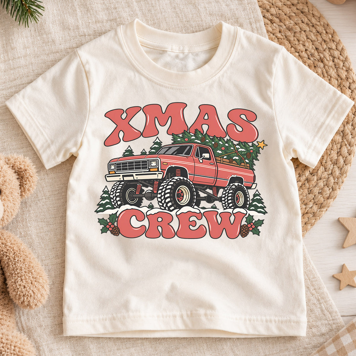 Retro Xmas Crew Shirt, Vintage Monster Truck Christmas T-Shirt, 4x4 Off Road Kids Holiday Tee, Toddler Christmas Tree Truck, Boys Xmas Gift — product view 1