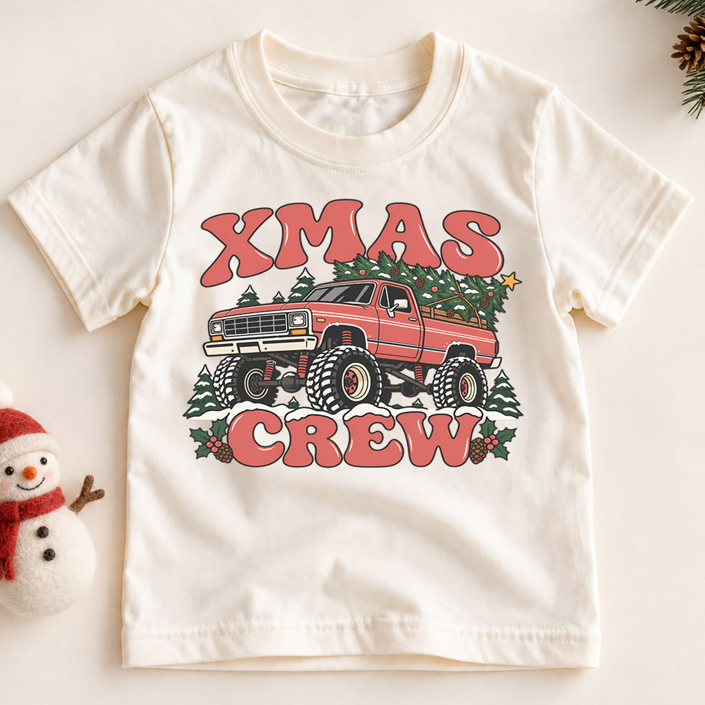 Retro Xmas Crew Shirt, Vintage Monster Truck Christmas T-Shirt, 4x4 Off Road Kids Holiday Tee, Toddler Christmas Tree Truck, Boys Xmas Gift — product view 2
