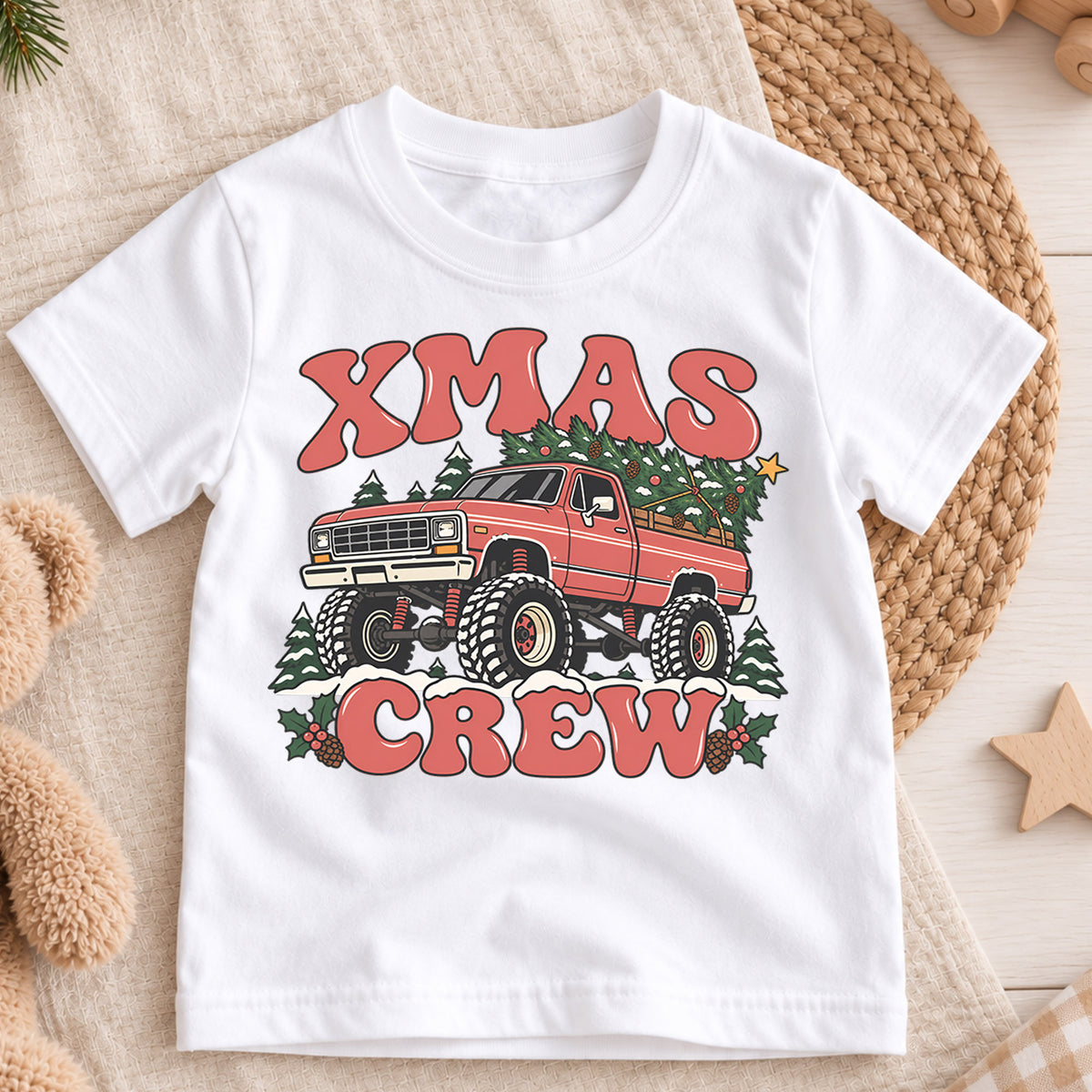 Retro Xmas Crew Shirt, Vintage Monster Truck Christmas T-Shirt, 4x4 Off Road Kids Holiday Tee, Toddler Christmas Tree Truck, Boys Xmas Gift — product view 3