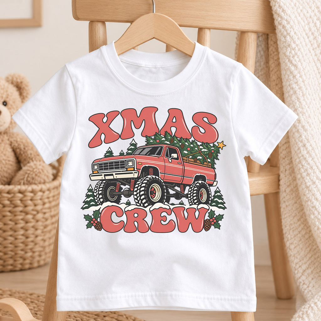 Retro Xmas Crew Shirt, Vintage Monster Truck Christmas T-Shirt, 4x4 Off Road Kids Holiday Tee, Toddler Christmas Tree Truck, Boys Xmas Gift — product view 4